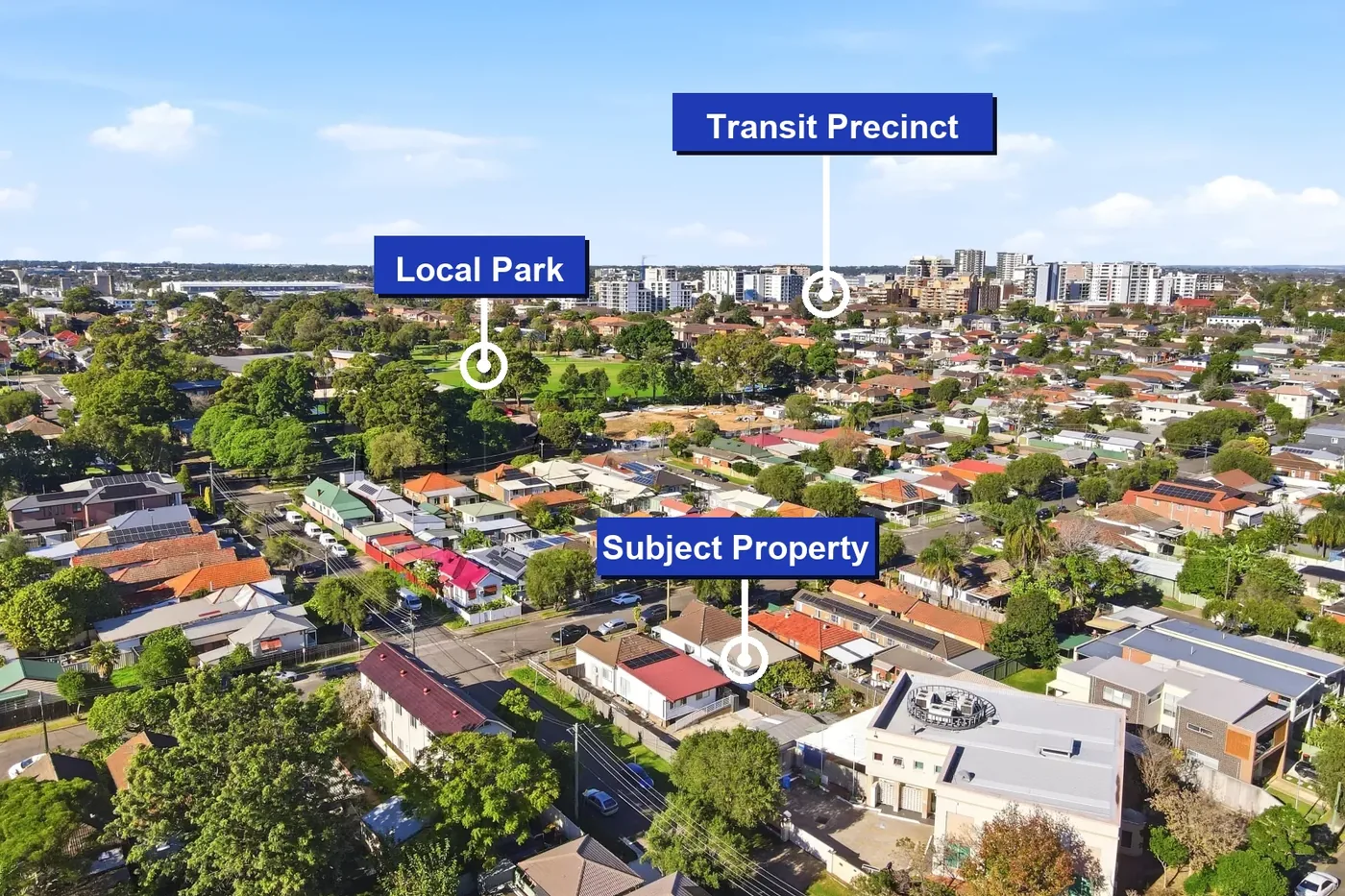 Aerial property image with location context overlays for a Greater Sydney listing