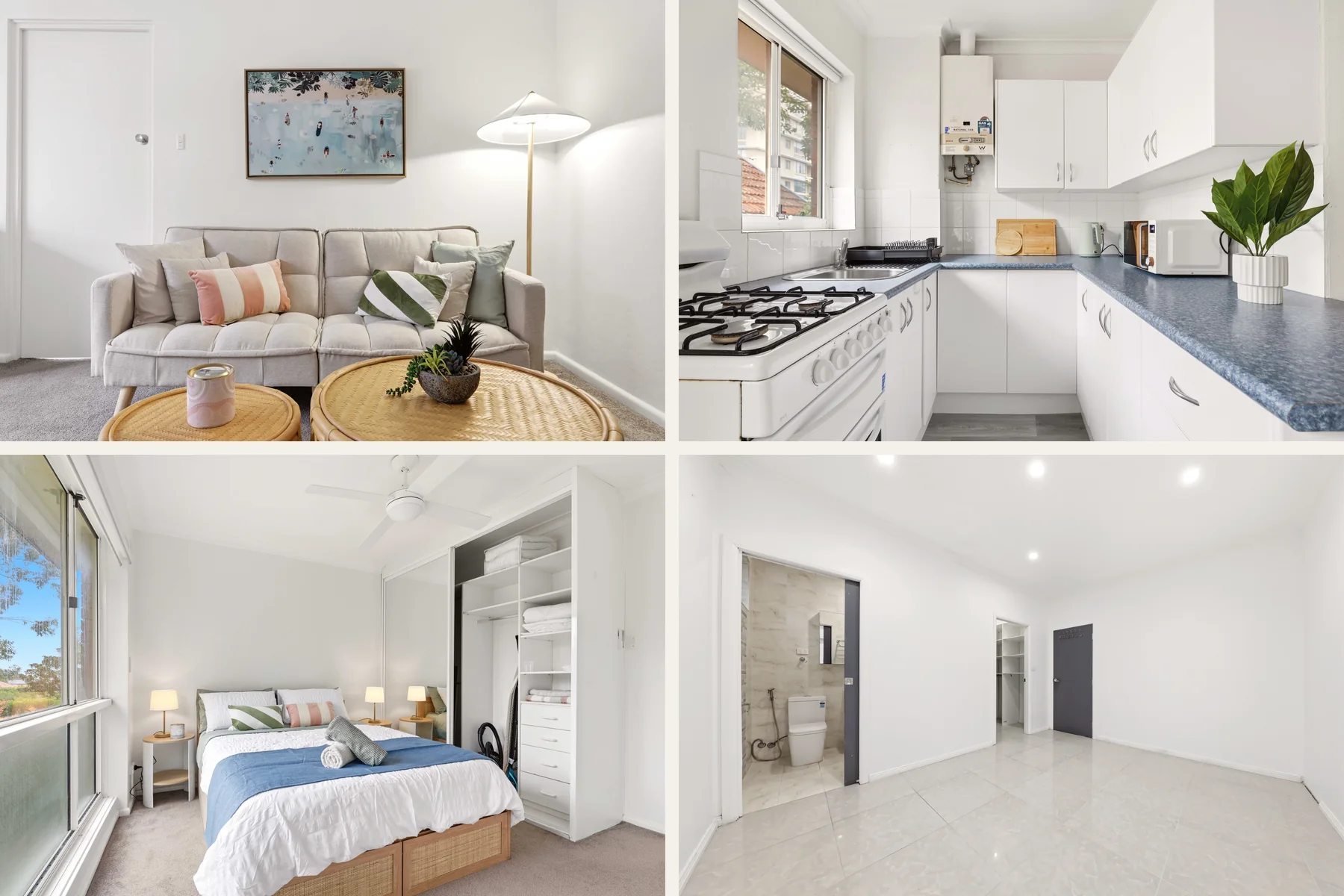 Multi-room property photo gallery showing living, kitchen, bedroom, and bathroom angles